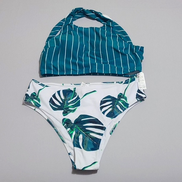 Teal Stripe & Leaves Bikini - Picture 1 of 7
